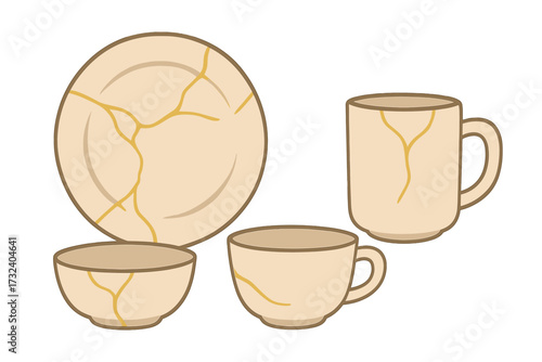Kintsugi tableware set with golden repair. Japanese art of restoration concept. Vector illustration of broken and repaired pottery, plate, cup, bowl. Wabi-sabi philosophy.