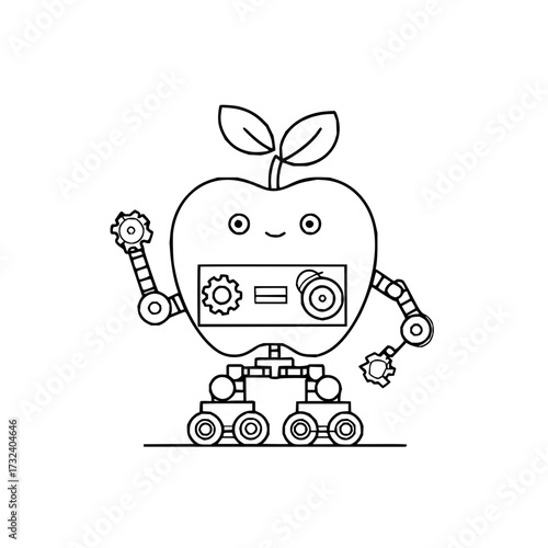 Apple robot vector illustration for kids coloring page fruit cyborg technology learning resource drawing art