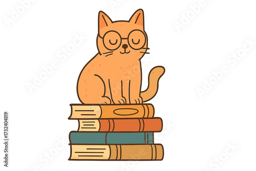 Smart cat on books. Education, learning, knowledge concept. Cute animal character in glasses. Mascot for library, school, bookstore. Bookworm, intellectual pet. Cartoon vector icon.