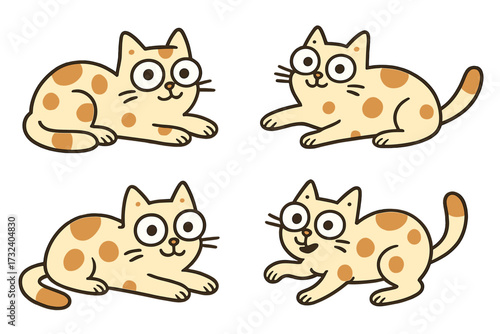 Set of funny cat characters. Cute spotted kitties with big eyes collection. Simple hand drawn flat vector illustration. Cartoon humor animal mascot for kids design element.