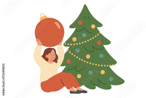Happy woman character decorating Christmas tree holding a huge toy ball. Girl preparing for winter holidays. Festive season celebration concept. Cozy home Xmas eve flat vector.