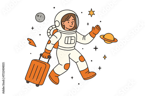 Space tourism concept. Young female astronaut in a spacesuit traveling with luggage in outer space. Woman tourist journey to planets. Future vacation and cosmic adventure.