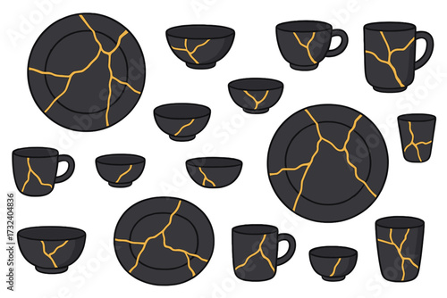 Kintsugi seamless pattern vector. Japanese art of repairing broken pottery with gold. Black dishes, cups, bowls with golden cracks. Wabi-sabi philosophy concept illustration.
