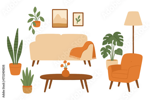 Scandinavian interior set with cozy furniture. Living room elements. Sofa, armchair, table, lamp, house plants. Hygge style home decor concept. Flat vector illustration.