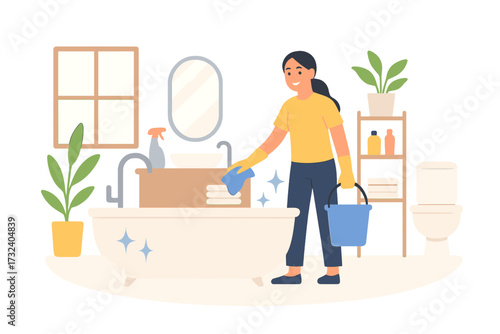 Spring cleaning service vector banner. Woman, housewife cleaning bathroom. Housekeeping, domestic work concept. Person washing bathtub in modern scandinavian style interior.