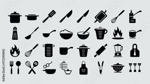Set of 30 black silhouette cooking and kitchen utensil icons vector graphic silhouette white background