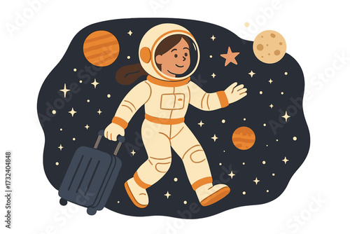 Space tourism concept woman astronaut. Female traveler with luggage in outer space. Girl in spacesuit on vacation journey. Future travel adventure. Vector flat cartoon illustration.