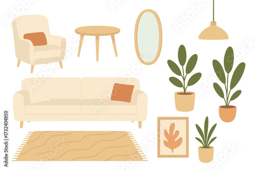Scandi furniture set for modern interior design. Living room collection with hygge home decor elements like sofa, armchair, lamp, mirror, and plants. Isolated flat vector.