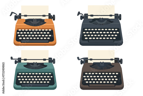Set of vintage typewriters. Retro mechanical machine for writing, typing. Collection of antique secretary objects for author, journalist. Flat vector illustration isolated concept.