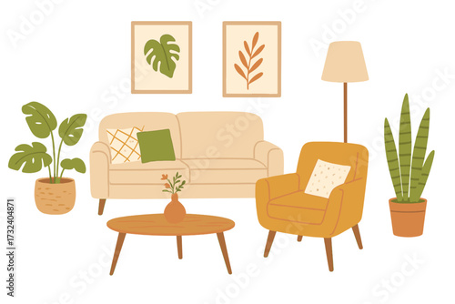 Cozy living room interior set in scandinavian hygge style. Sofa, armchair, coffee table, houseplants. Modern furniture collection. Flat vector hand drawn illustration.