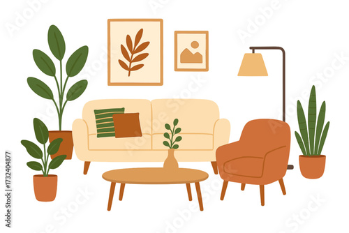 Cozy living room interior with modern furniture set. Sofa, armchair, table, lamp, and pictures. Scandinavian hygge style home decor with houseplants. Flat vector illustration.