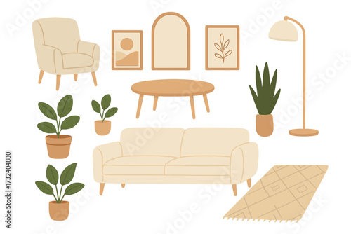 Modern Scandi interior design elements set. Japandi style furniture collection for cozy hygge home. Vector illustration of sofa, armchair, table, plant, lamp, mirror, rug.