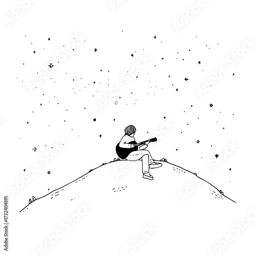 Guitarist stargazing illustration vector art drawing music love song hill night sky stars black and white design