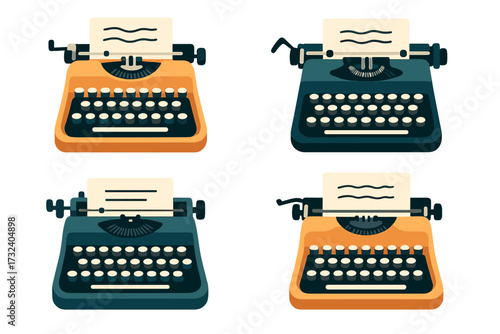 Set of retro typewriters in flat design. Old vintage mechanical keyboard machine for typing. Antique writer, journalist or secretary equipment. Vector illustration collection.