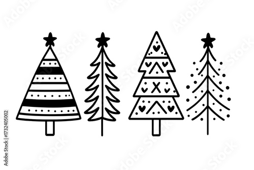 Set of Scandinavian Christmas trees. Nordic winter forest concept. Hand drawn vector illustration of fir trees for minimalistic holiday design. Xmas doodle clipart icon collection.