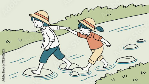 Childrens explorers take a walk on the river