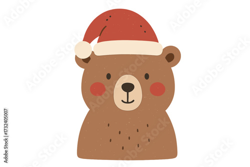 Cute bear in Santa hat Christmas vector illustration. Hand-drawn childish character for holiday greeting card or poster. Simple flat minimalist festive animal design element.