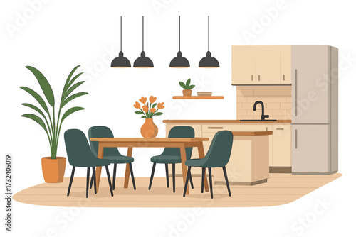 Modern dining room and kitchen interior vector illustration. Cozy apartment with furniture like table, chairs, and lamps. Home decor and real estate concept. Flat design style.