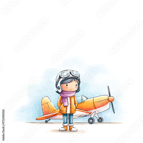 Cute cartoon pilot girl standing next to a small airplane.