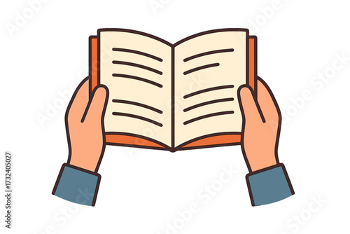 Hands holding an open book. Reading, learning, knowledge concept. Education and study icon. Literature, library, school, university symbol. Vector flat illustration design element.