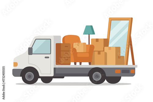 Moving truck with furniture and cardboard boxes. Relocation to a new home or office. Delivery service for transportation of goods. Flat vector illustration isolated on white.
