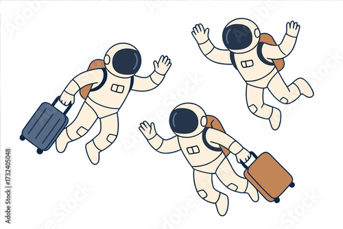 Space tourism concept. Group of astronauts in suits and helmets floating in zero gravity. Three cosmonauts as travelers in open space holding luggage for a celestial journey.