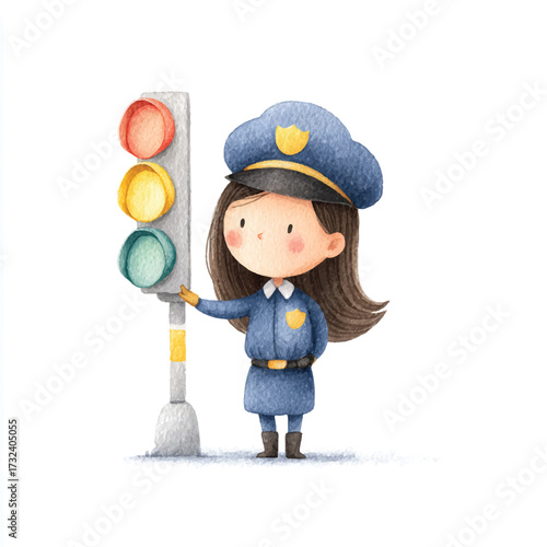 Cute cartoon police officer girl with traffic light illustration.