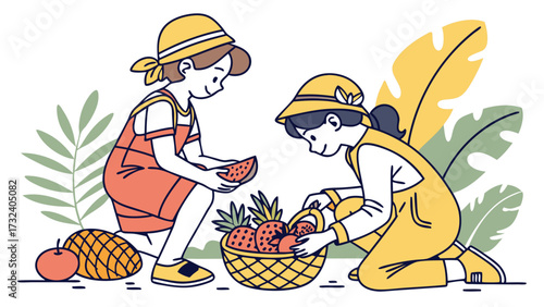 Childrens explorers collect strawberries