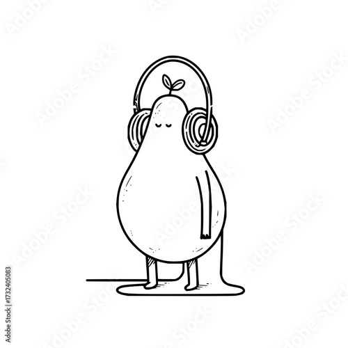 Pear character listening to music with headphones vector illustration drawing design graphic art isolated artwork