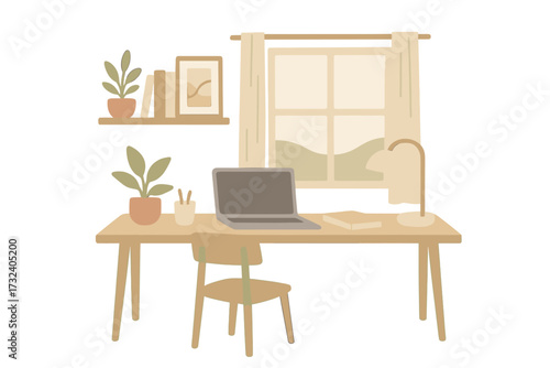 Workplace at home. Home office interior in Scandinavian style. Remote work, freelance, study concept. Desk, laptop, window. Modern lagom hygge interior. Vector flat illustration.