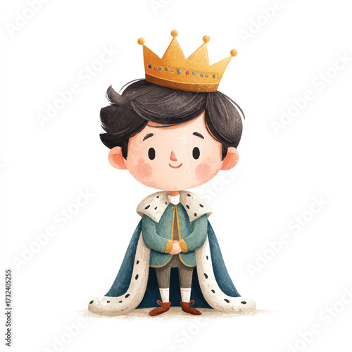Cute Cartoon Prince with Crown and Royal Robe.