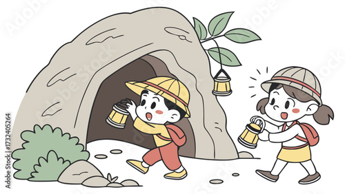 Cartoon children explorers enter the cave