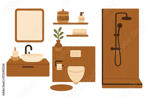 Bathroom furniture set vector illustration. Scandinavian style wooden interior design elements. Cozy hygge home decor collection with sink, toilet, shower, mirror. Flat icons.