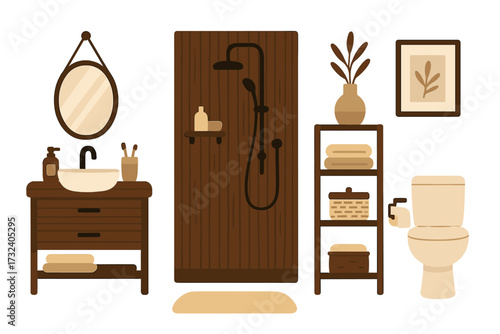 Bathroom furniture set vector illustration. Scandinavian interior in hygge style. Wooden vanity, shower, toilet, sink. Isolated home decor elements for a cozy modern apartment.