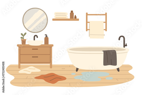 Modern cozy bathroom interior with stylish wooden cabinet, round mirror, bathtub, towels, plants, and home decor in Scandinavian hygge style, comfortable relaxing space