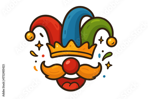 April Fool's Day greeting icon. Jester's hat, clown nose and smiling face for festive celebration. Funny joker character for carnival, circus or comedy show vector illustration.