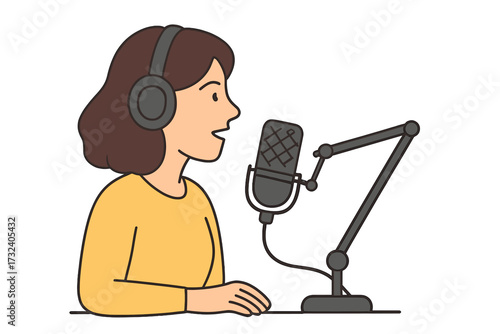 Woman podcast host broadcasting online, speaking into microphone, female face profile, recording studio setup concept, flat linear vector illustration, digital content creation