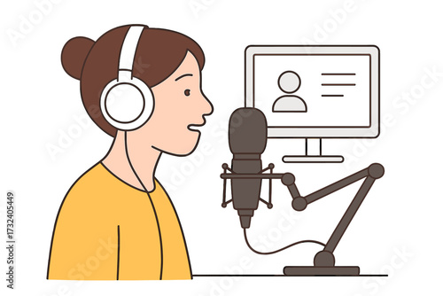 Woman podcast host broadcasting online into microphone, female profile speaking in mic with headphones, recording studio concept, flat linear vector illustration for media and communication