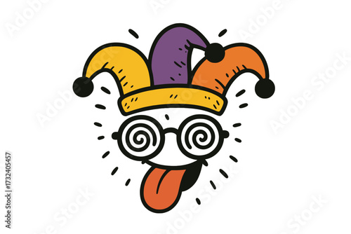 April Fools' Day funny jester face. Cartoon character with fool's hat and hypnotic glasses. Silly joke, prank and fun concept. Happy Fools' day comic vector illustration.
