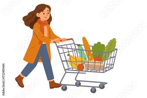 Woman shopping with cart full of groceries. Customer at supermarket. Female character buying healthy food. Retail consumerism lifestyle concept. Flat vector illustration.
