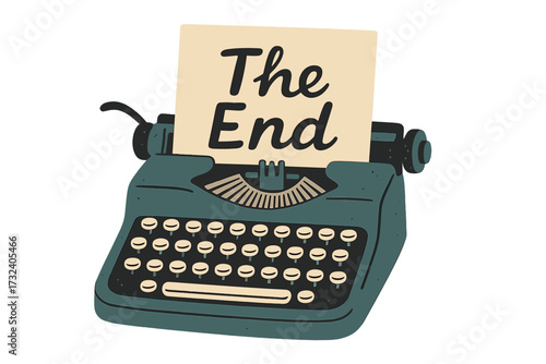 Vintage typewriter with "The End" phrase on paper, retro writing concept, classic writer tool, storytelling finish, old-fashioned typewriter illustration, flat vector design