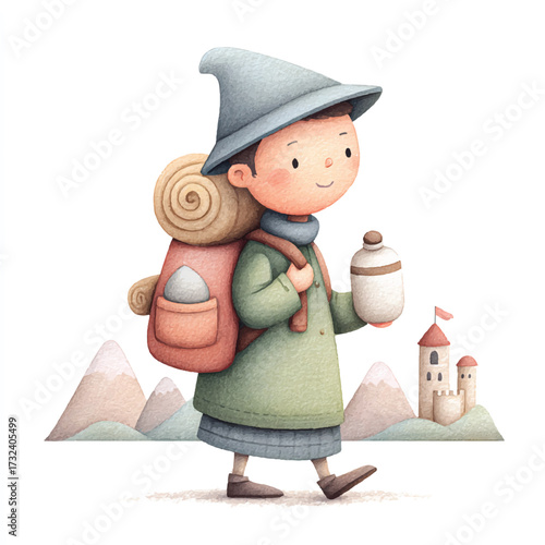 Cute cartoon wizard child on an adventurous journey with a backpack.