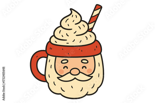 Santa Claus mug with hot chocolate and whipped cream. Cute Christmas character cup with winter drink. Festive holiday beverage with striped straw. Hand drawn vector illustration.