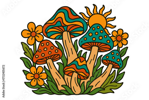 Psychedelic mushrooms groovy retro 70s poster. Hippie trippy magic mushroom and flowers art. Abstract nature fantasy illustration for sticker, print or t-shirt design.