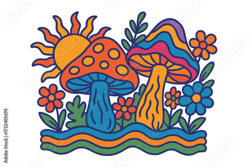 Retro 70s groovy psychedelic illustration with trippy magic mushrooms, flowers and sun. Hippie art for sticker, poster or t-shirt print. Nature fantasy vector banner.