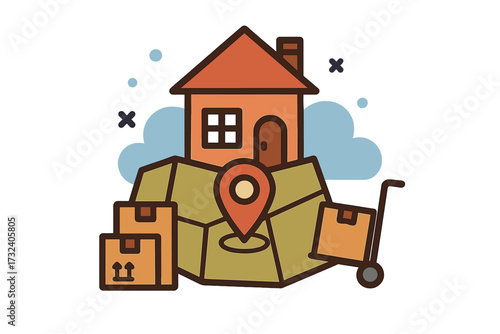 We Have Moved Concept Illustration with House, Location Pin, Moving Boxes, Change of Address Announcement, New Home Relocation, Delivery and Moving Services, Relocation Poster Design