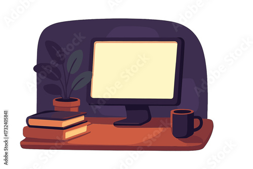 Cozy night office workspace with illuminated computer screen, stack of books, green plant in pot, coffee cup on wooden desk, dark purple background, vector flat illustration