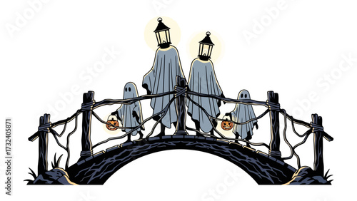 Ghostly Family Bridge Crossing: A spectral family, adorned in classic ghost costumes, strolls across an old bridge, carrying candy buckets, as they joyfully celebrate spooky season.