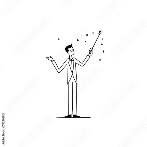 Magician with magic wand illustration for kids party trick and show design vector drawing black and white art