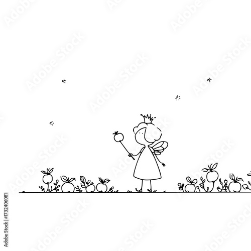 Fairy tale illustration cute fairy with crown and wand apples in garden simple drawing for children design